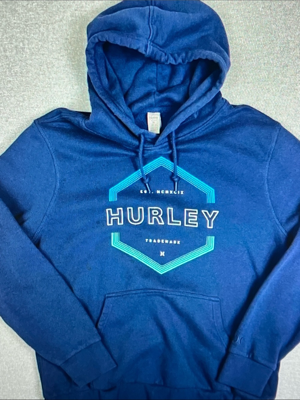 Hurley Blue Pullover Hoodie with Teal Hex Graphic